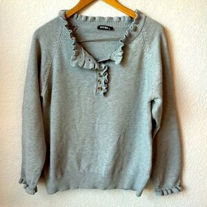 BTFBM Button Henley Sweater with Ruffle Collar Grey Sz Medium